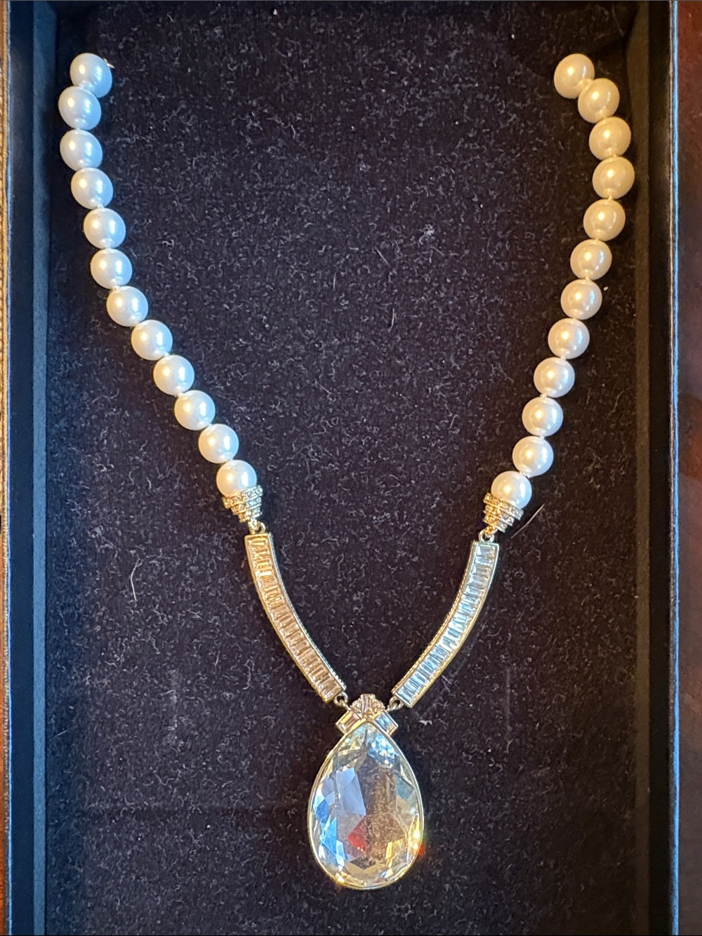 Heidi Daus Pearl Bead Necklace with Clear Teardrop Crystal and Gold Accents